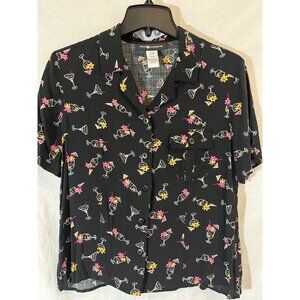 Sag Harbor Women's Small Black Martini Glass Button Down Short Sleeve Blouse